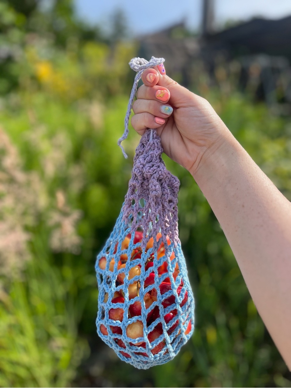 handmade lavender & blue crochet lil market bag